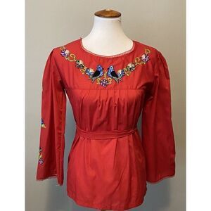 Mexican Embroidered Top Hippie Boho Peasant Shirt Vintage Cotton Floral Blouse